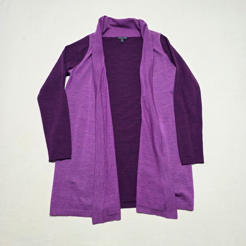 Eileen Fisher Petite PP Purple MerinoWool Open Front Cardigan Sweater 3/4 Sleeve